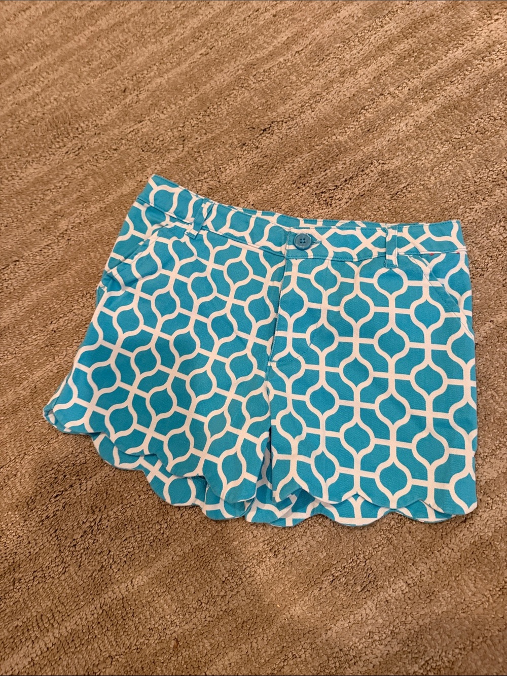JK Designs Turquoise and White Geometric Scallop-Hem Girls' Shorts